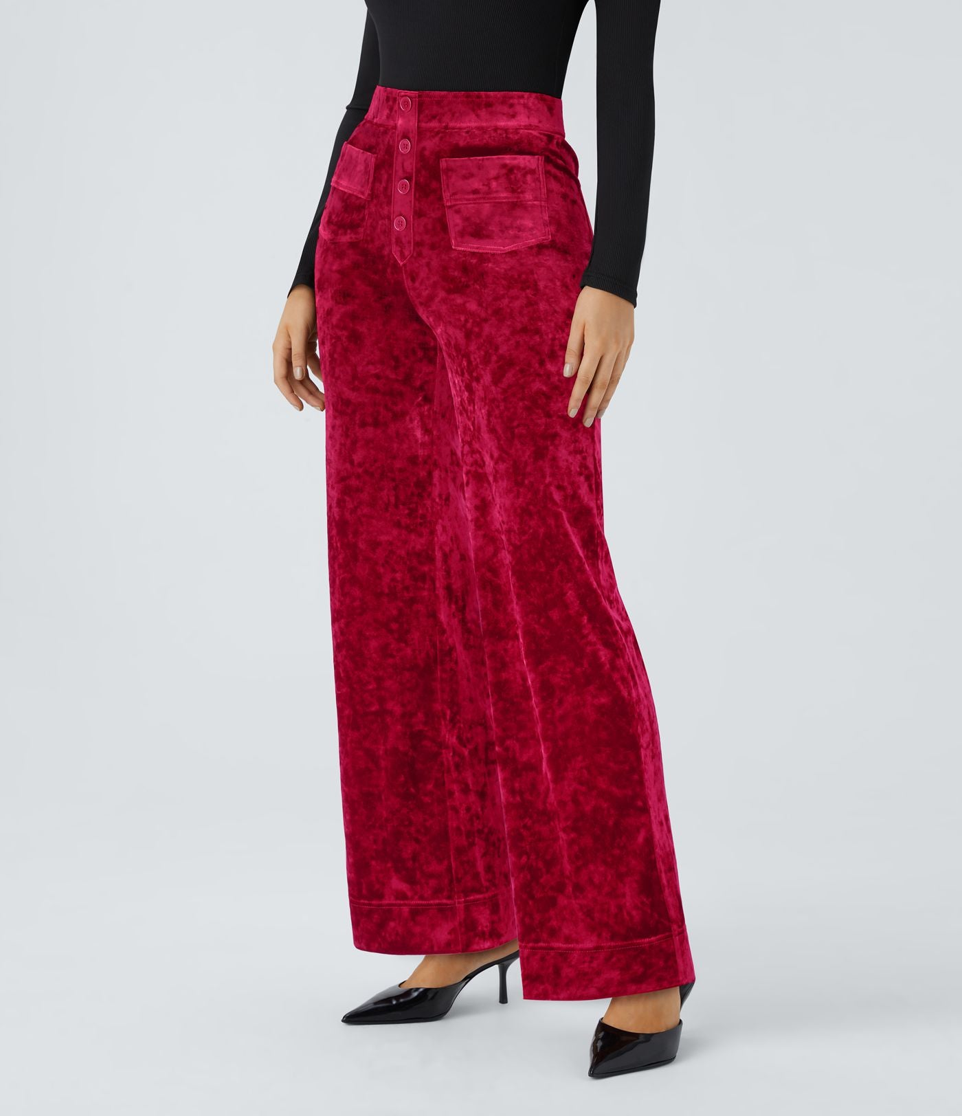Pantalon en Velours Taille Haute avec Bouton Multipoches Droites