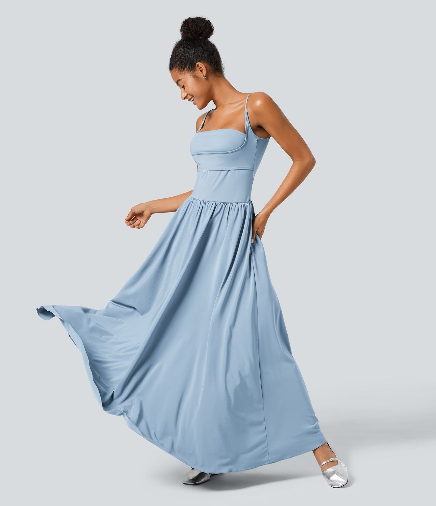 Breezeful™ Robe Débardeur Casual Dos Nu Poches Latérales Plissée Évasée Longue Séchage Rapide