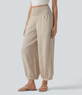 Pantalon casual bouffant aspect lin avec fronces taille haute et poches