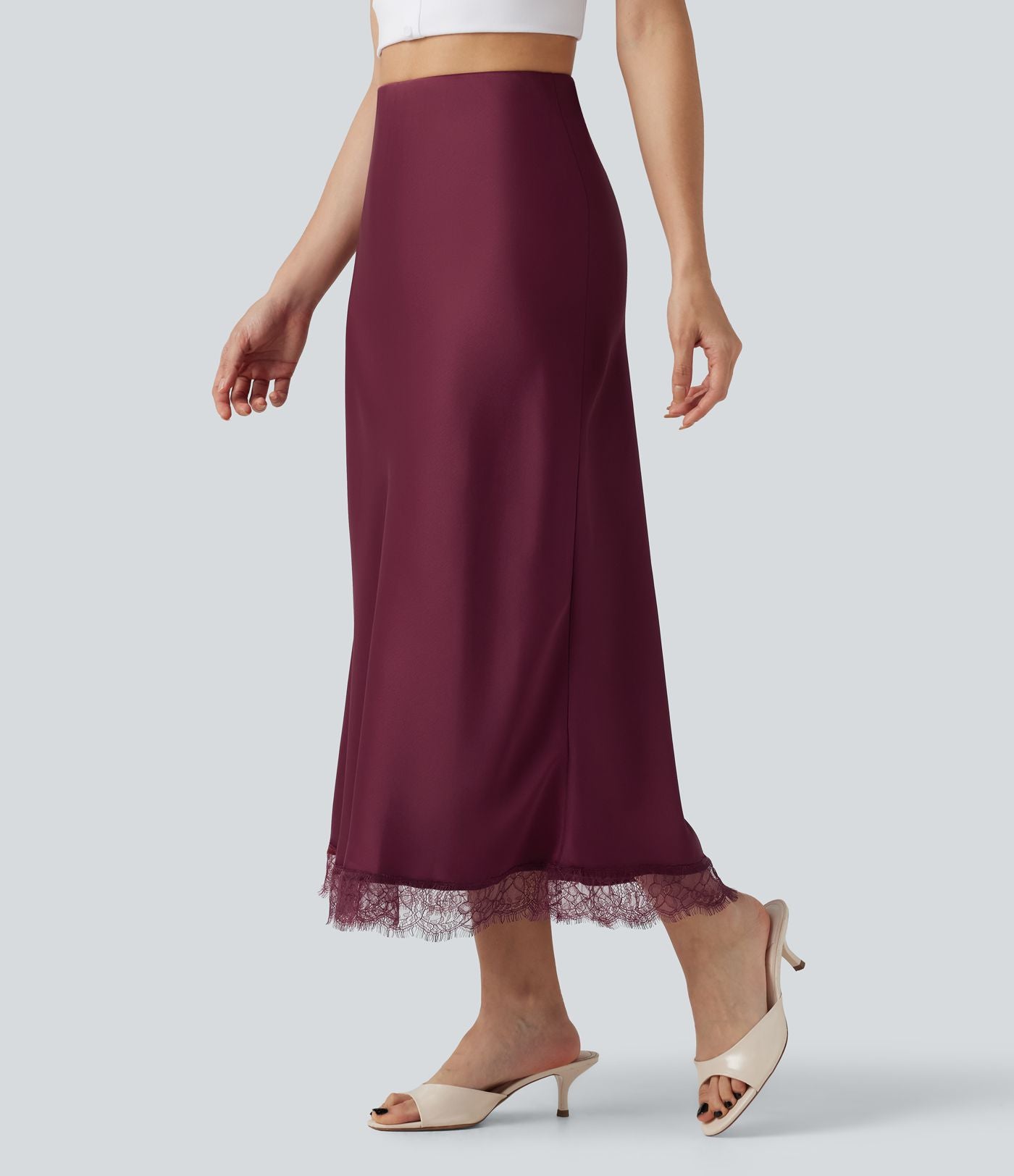 Jupe midi trapèze décontractée en satin et dentelle contrastée, taille haute