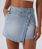 Halara Flex™ Short décontracté en jean extensible effet délavé à taille haute avec poches multiples et détail enveloppant
