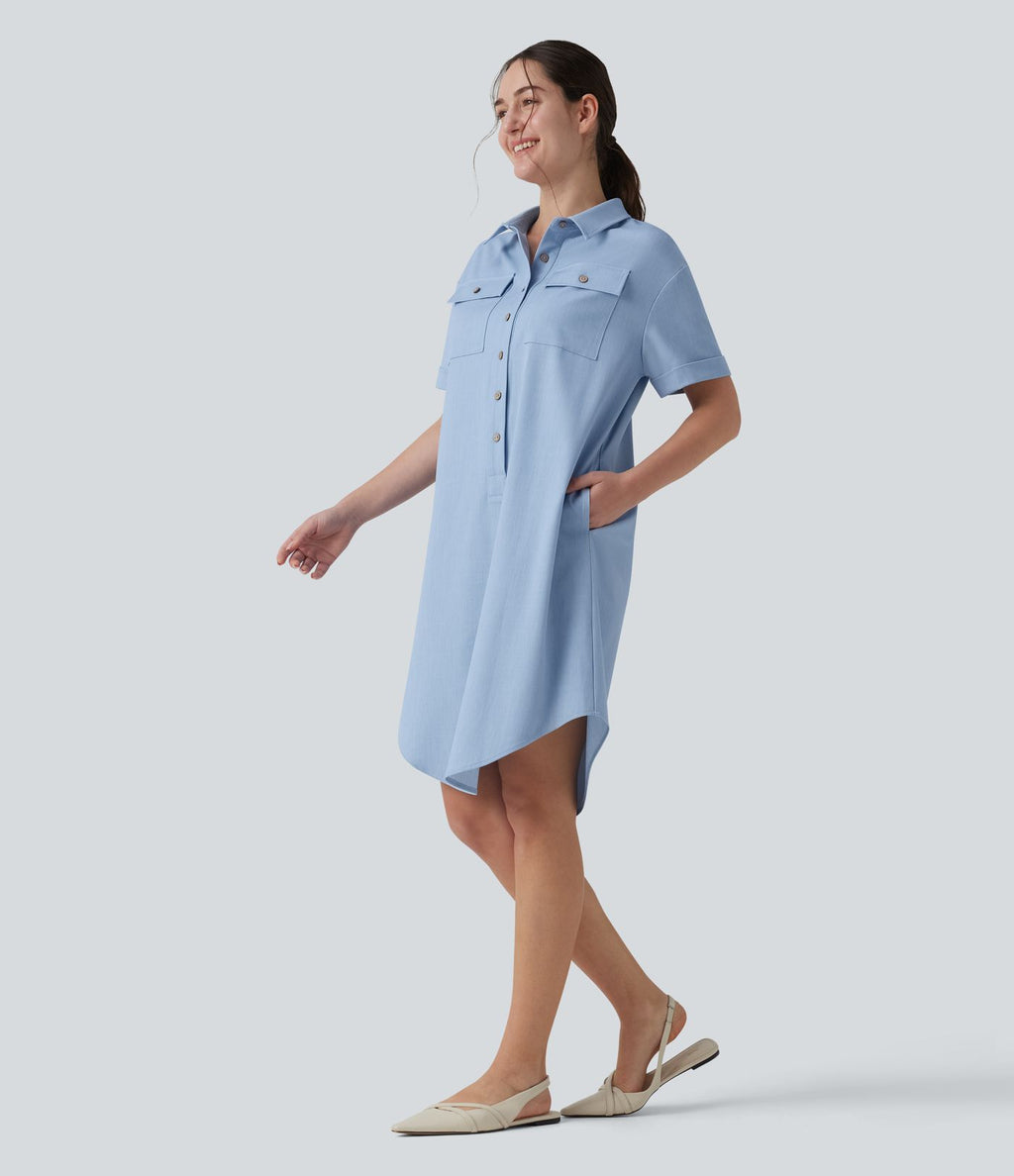 Robe casual mi-longue col manches courtes ourlet courbe avec poches