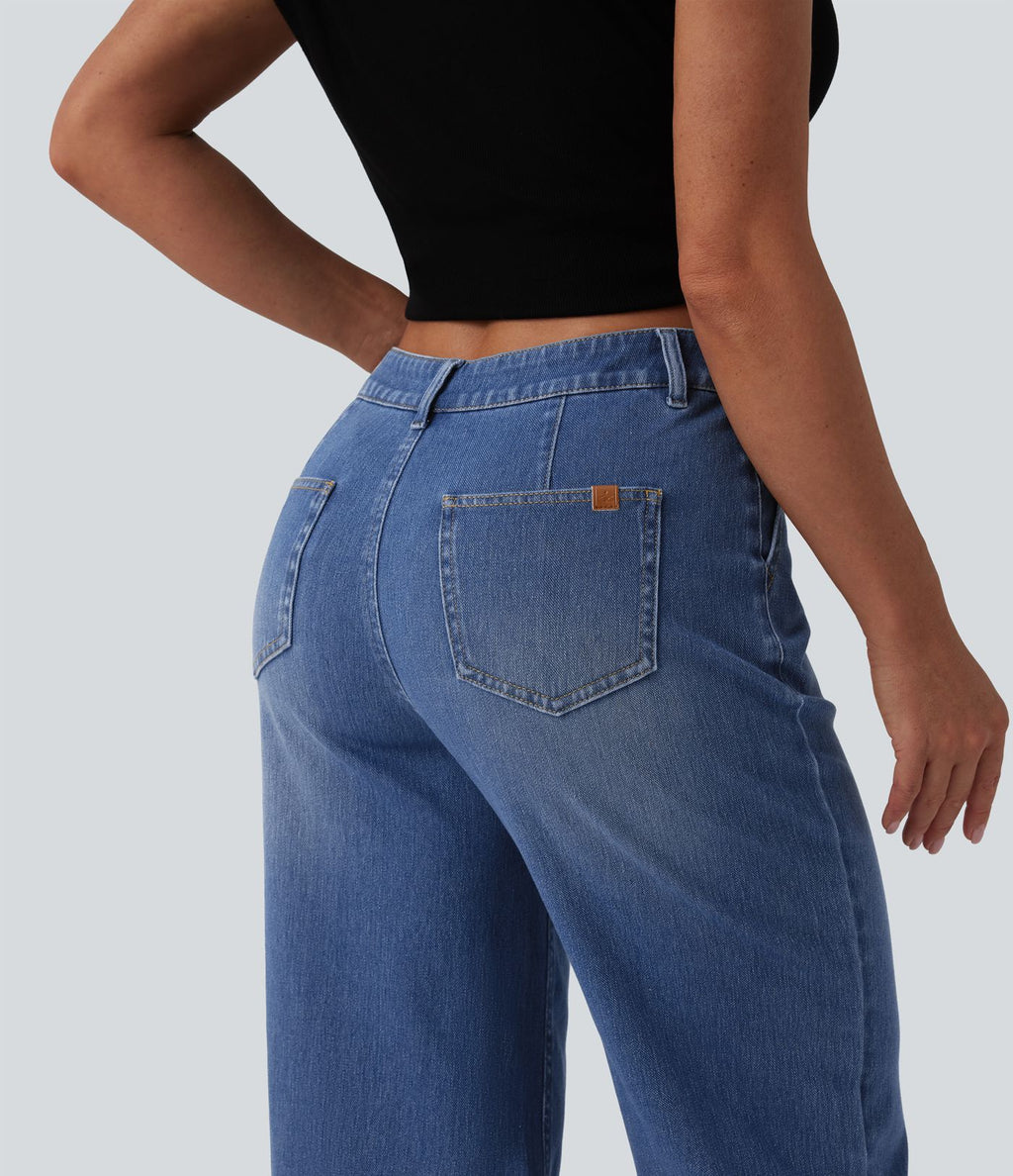 Jean Halara Flex™ décontracté délavé taille mi-haute coupe droite raccoucie avec poches