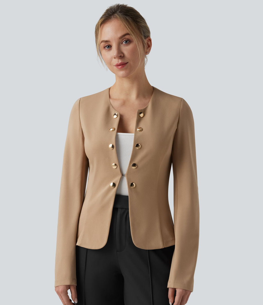 Blazer de travail col rond boutons décoratifs ourlet plissé