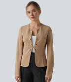 Blazer de travail col rond boutons décoratifs ourlet plissé