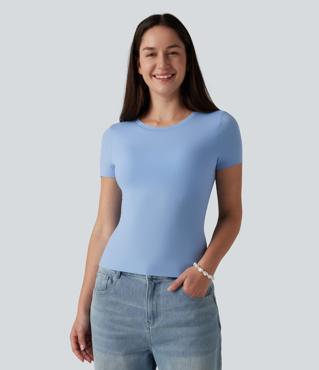 T-shirt décontracté col rond échancré à manches courtes avec soutien-gorge intégré bonnets B-DD