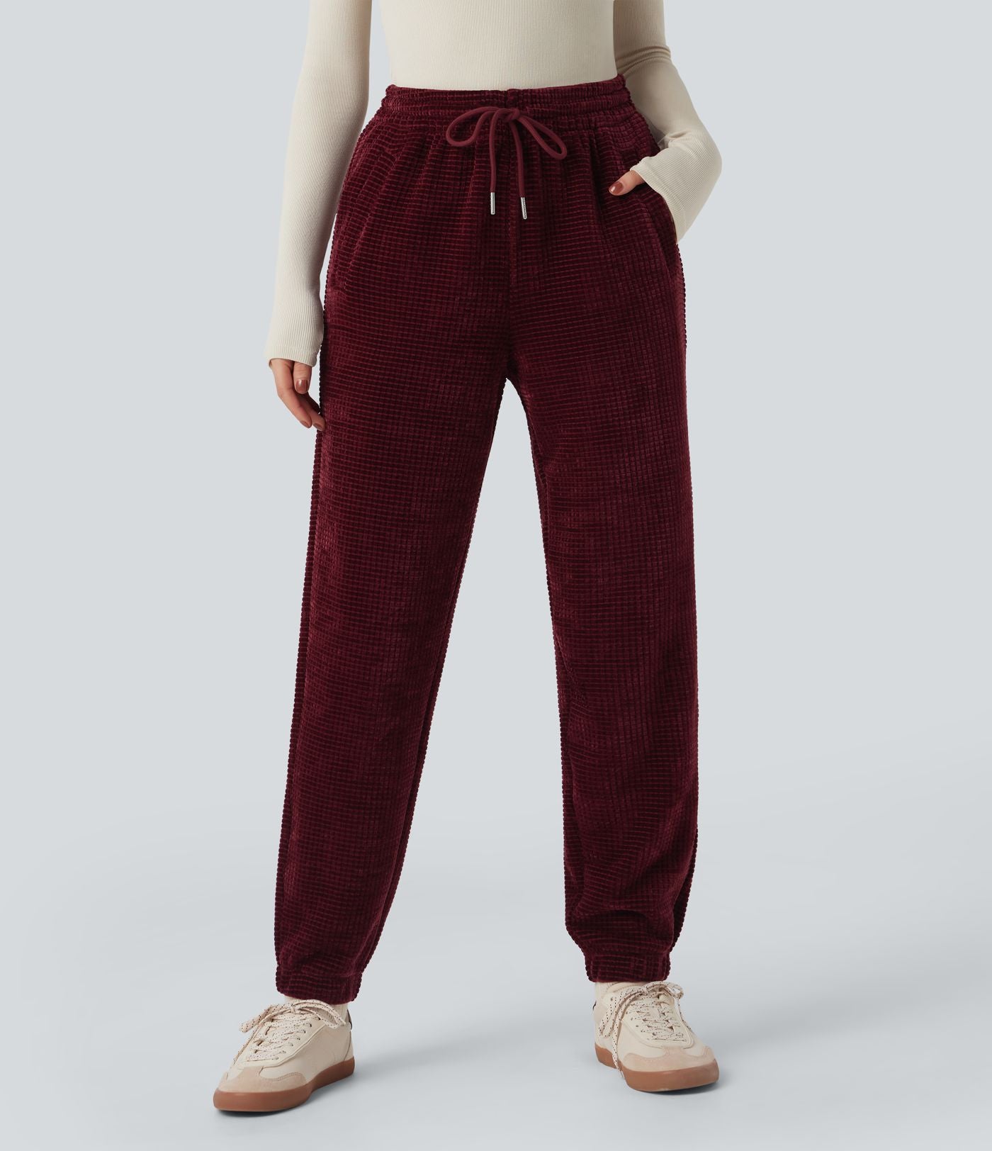 Pantalon décontracté chenille gaufré taille haute avec cordon de serrage et poches