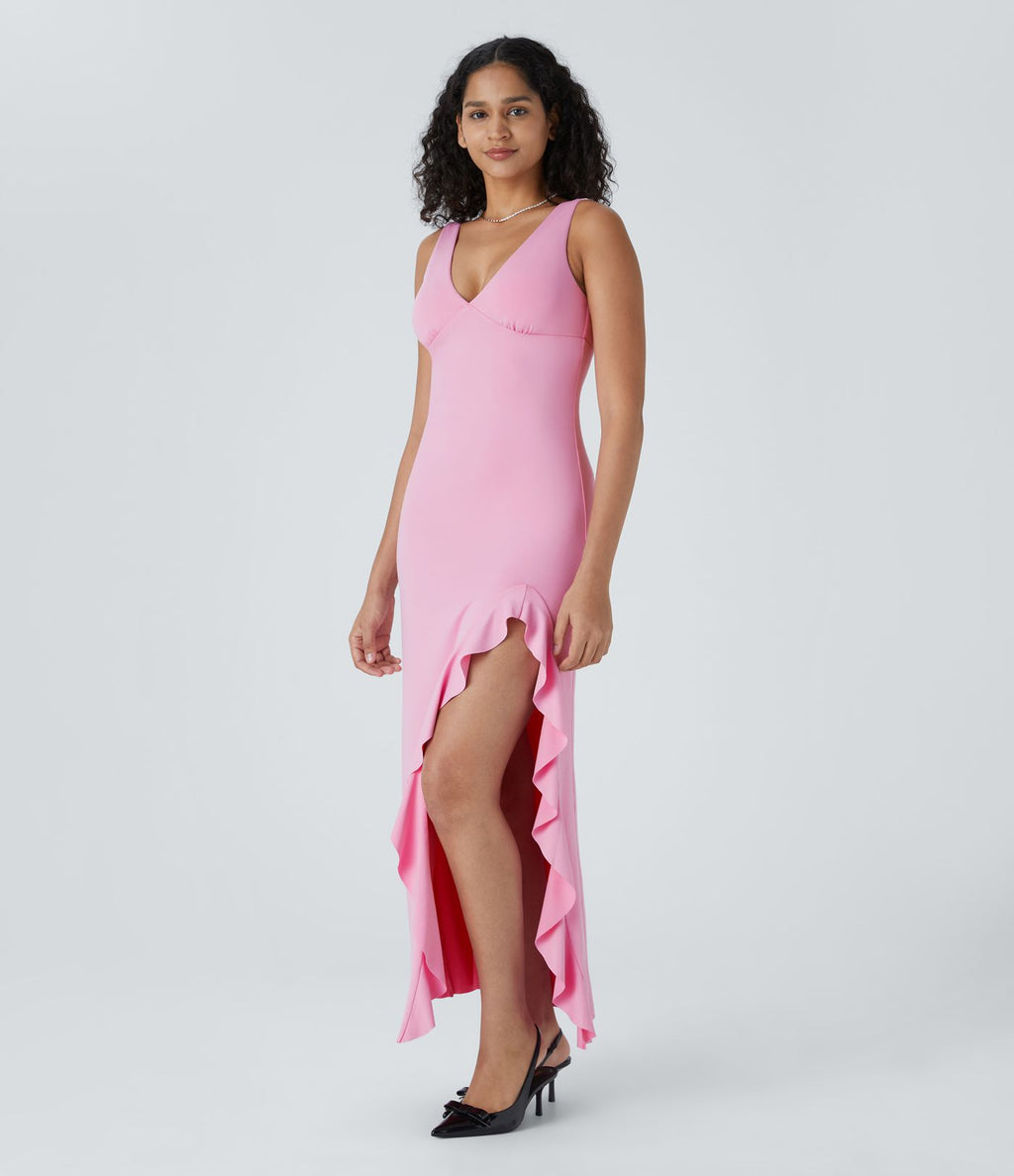 Robe de soirée longue à col V, sans manches, avec volants asymétriques et fente