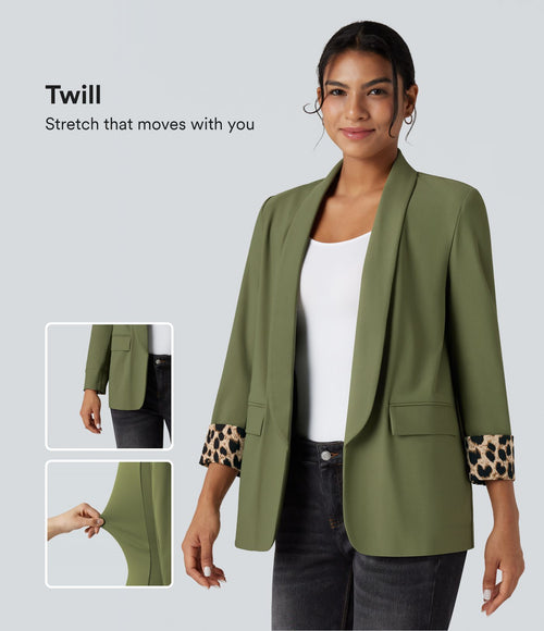 Blazer tailleur sergé imprimé léopard col tailleur manches longues avec poches
