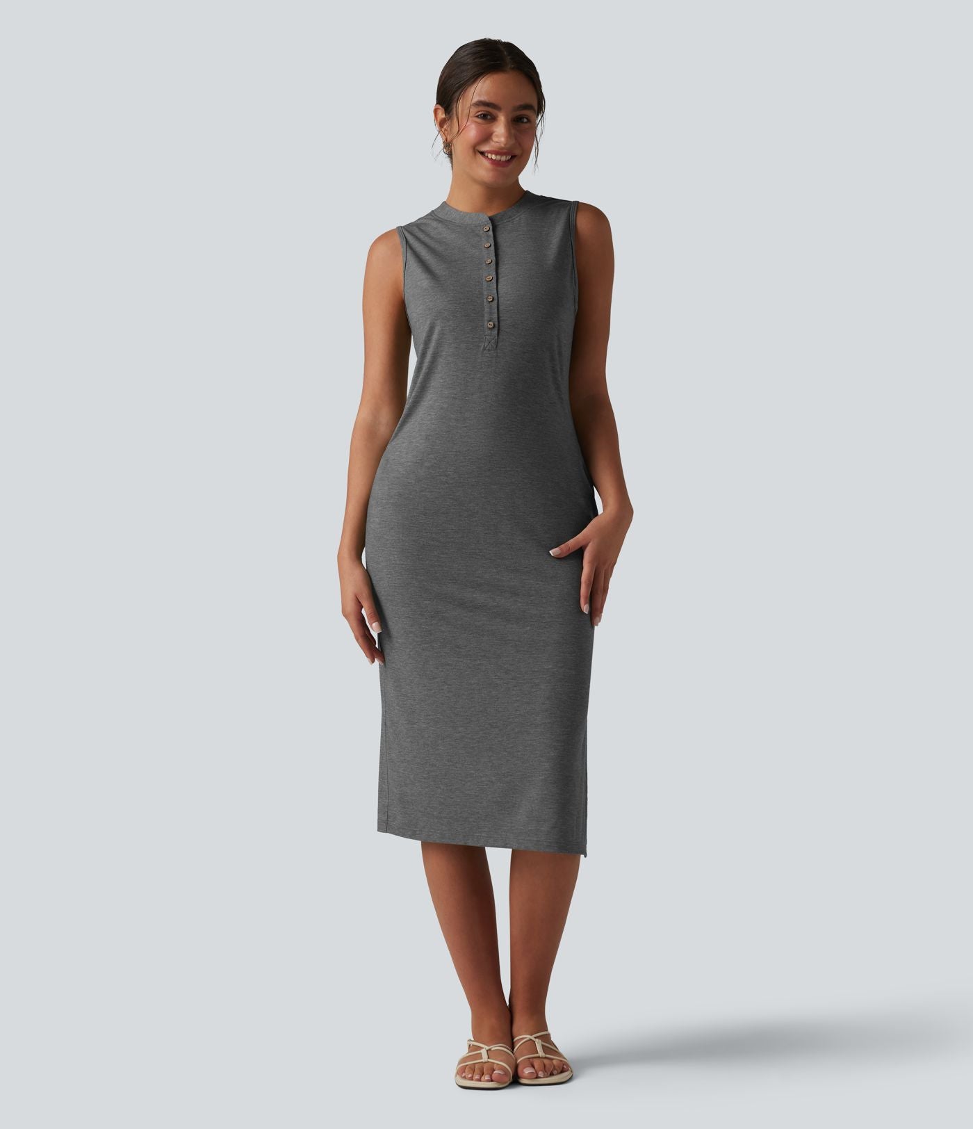 Robe midi décontractée sans manches col tunisien avec poches