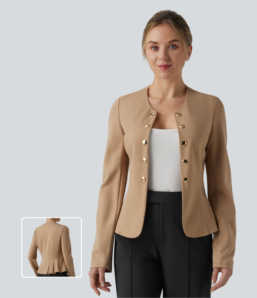 Blazer de travail col rond boutons décoratifs ourlet plissé