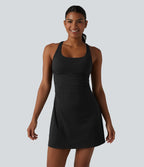 Robe sport mini de tennis 2 pièces à col U, soutien-gorge intégré, rayures, séchage rapide et poches - UPF40+