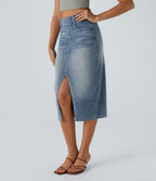 Halara Flex™ Jupe en Jean Casual Mi-Longue Délavé Extensible Plusieurs Poches Taille Haute