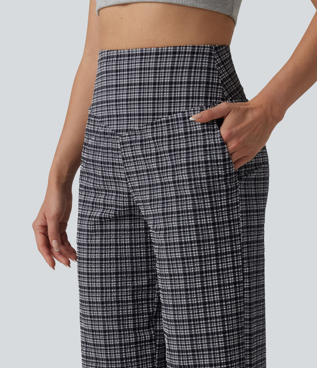 Pantalon large taille haute ventre plat à carreaux en tissu froissé séchage rapide avec poches