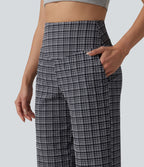 Pantalon large taille haute ventre plat à carreaux en tissu froissé séchage rapide avec poches