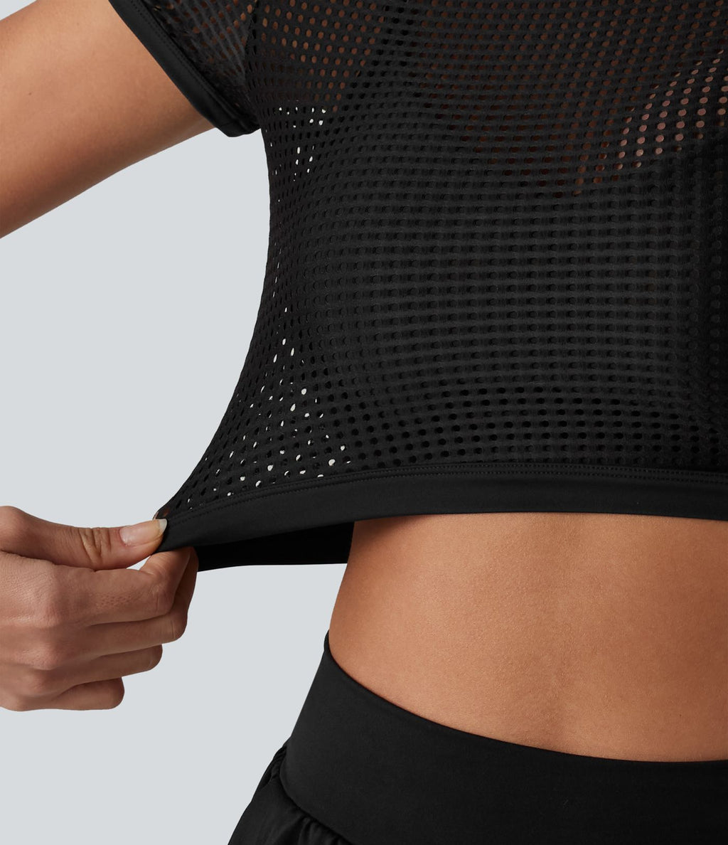 Haut de sport de course court col cheminée manches courtes ajouré - sans brassière de sport incluse