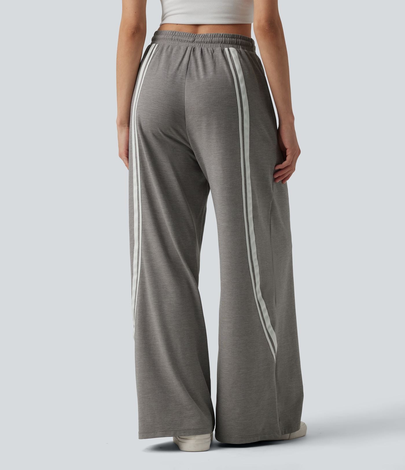 Pantalon large décontracté color block taille haute avec cordon de serrage et poches