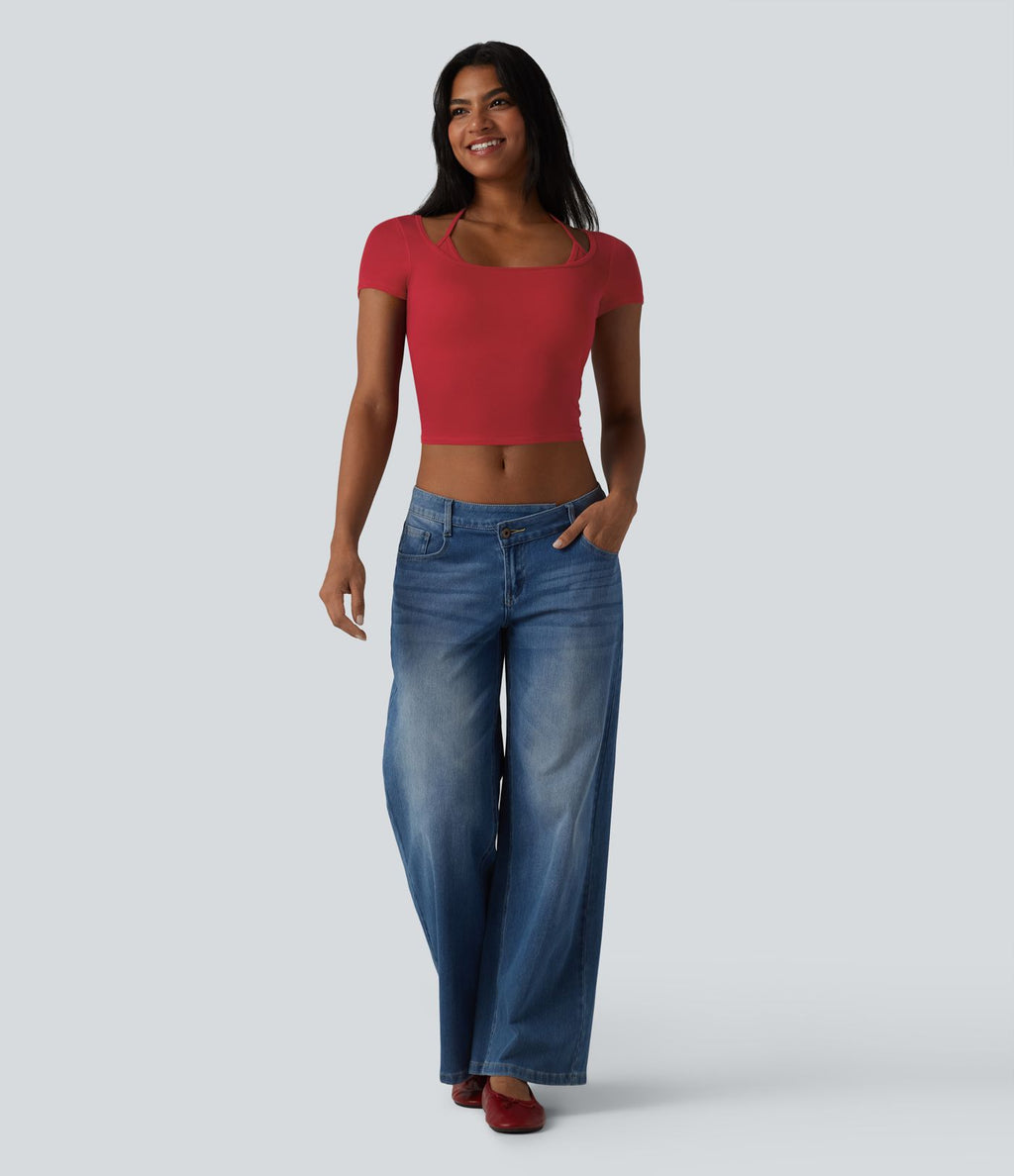 T-shirt crop décontracté côtelé dos nu à nouer avec soutien-gorge intégré manches courtes