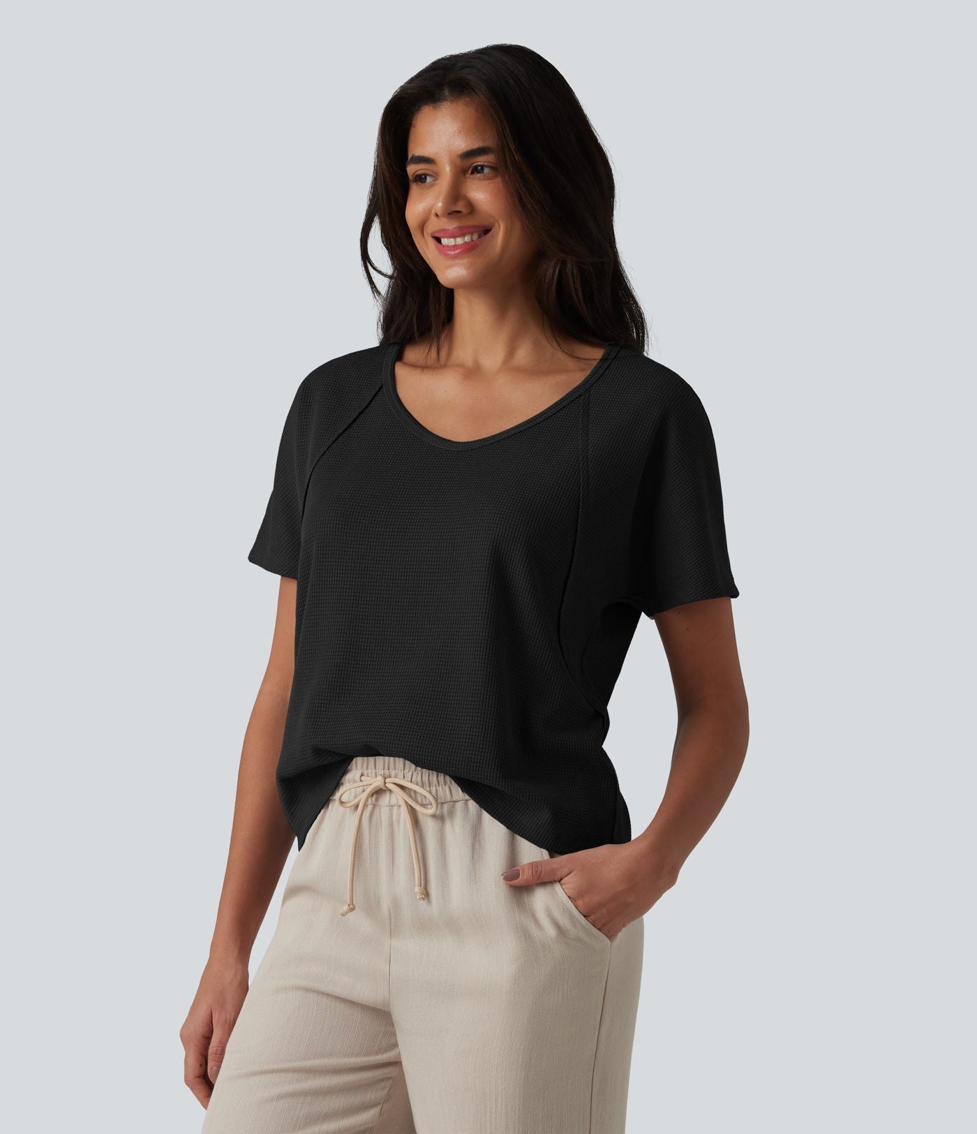 T-shirt casual en tissu gaufré à encolure cœur et manches courtes