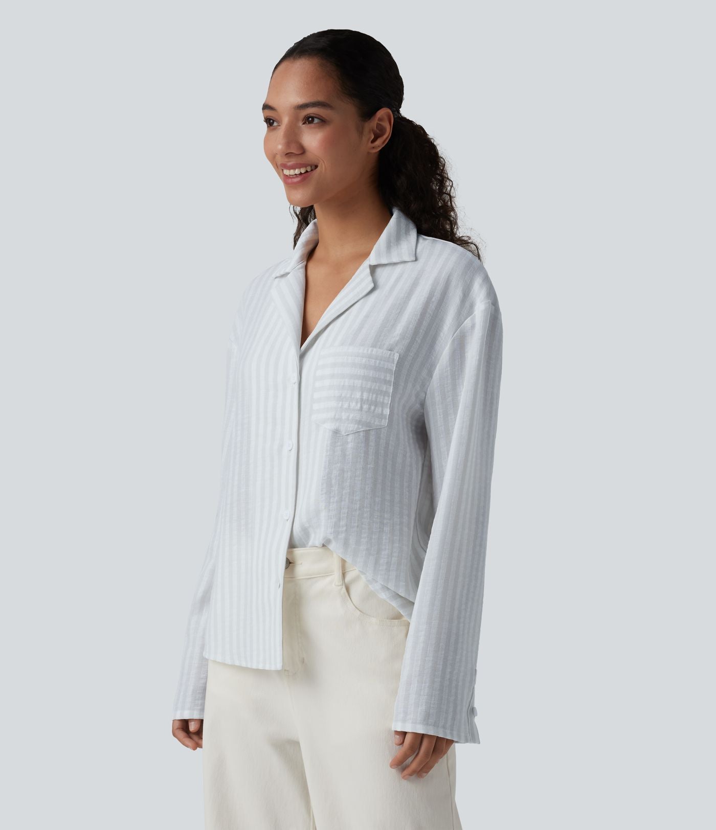 Chemise décontractée rayée col cranté manches longues aspect lin avec poche