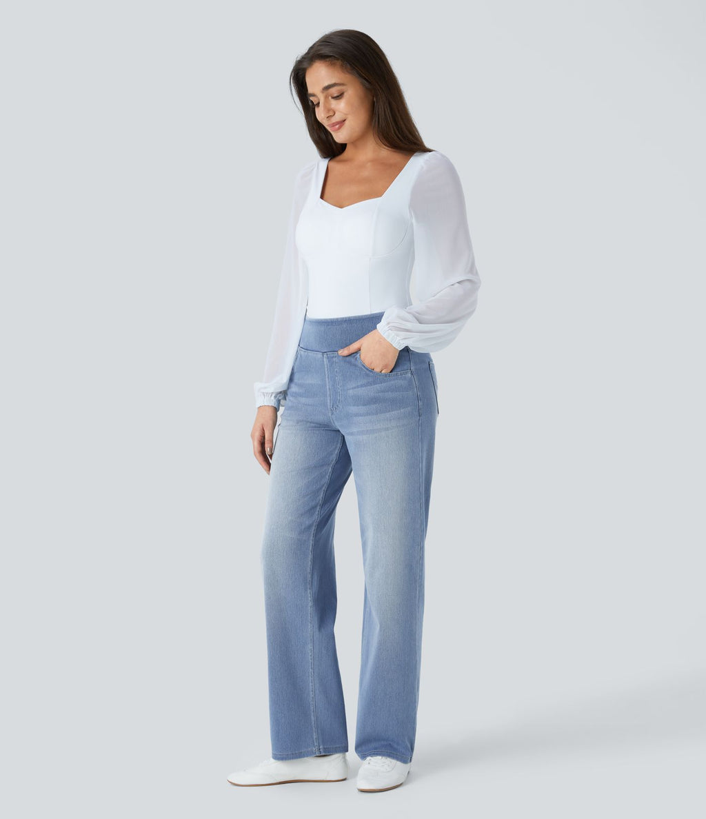 Jean décontracté Halara Flex™ taille haute, extensible, délavé, jambes droites avec poches multiples