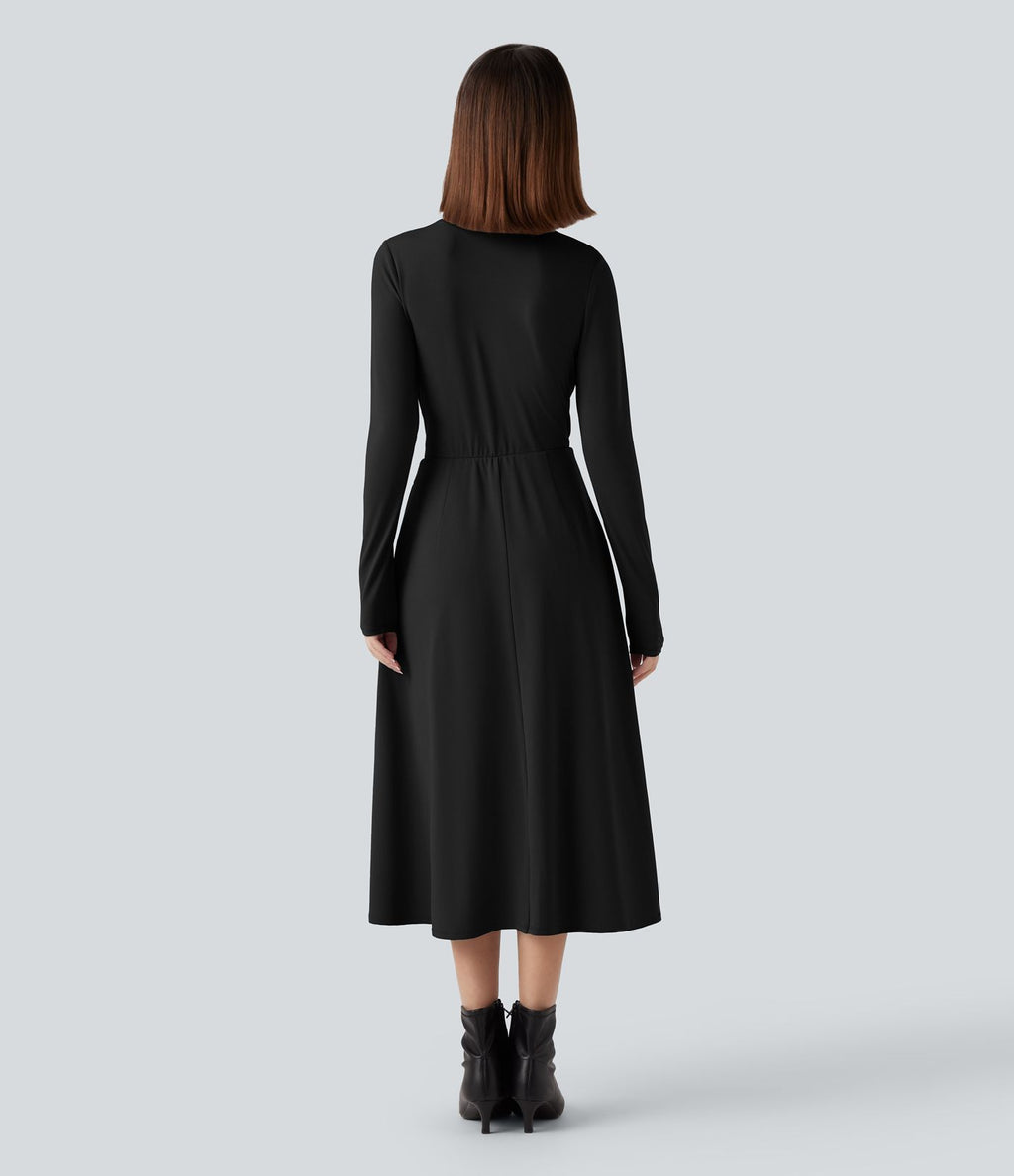 Robe de travail mi-longue col montant à manches longues avec poches
