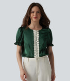 Blouse décontractée col rond manches bouffantes courtes avec dentelle contrastée