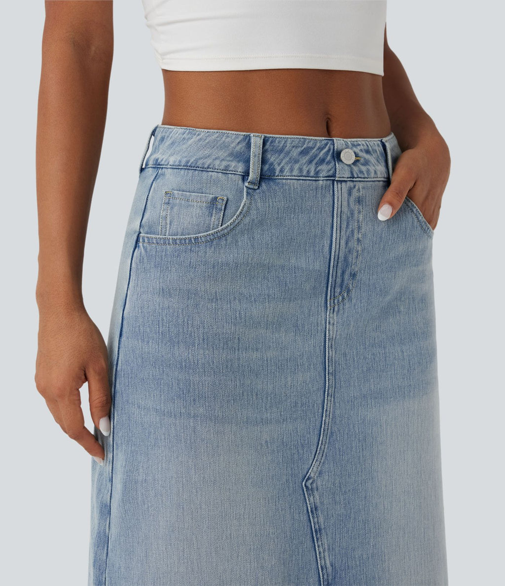 Jupe denim mi-longue Halara Flex™ évasée taille mi-haute mesh léopard contrastant avec poches