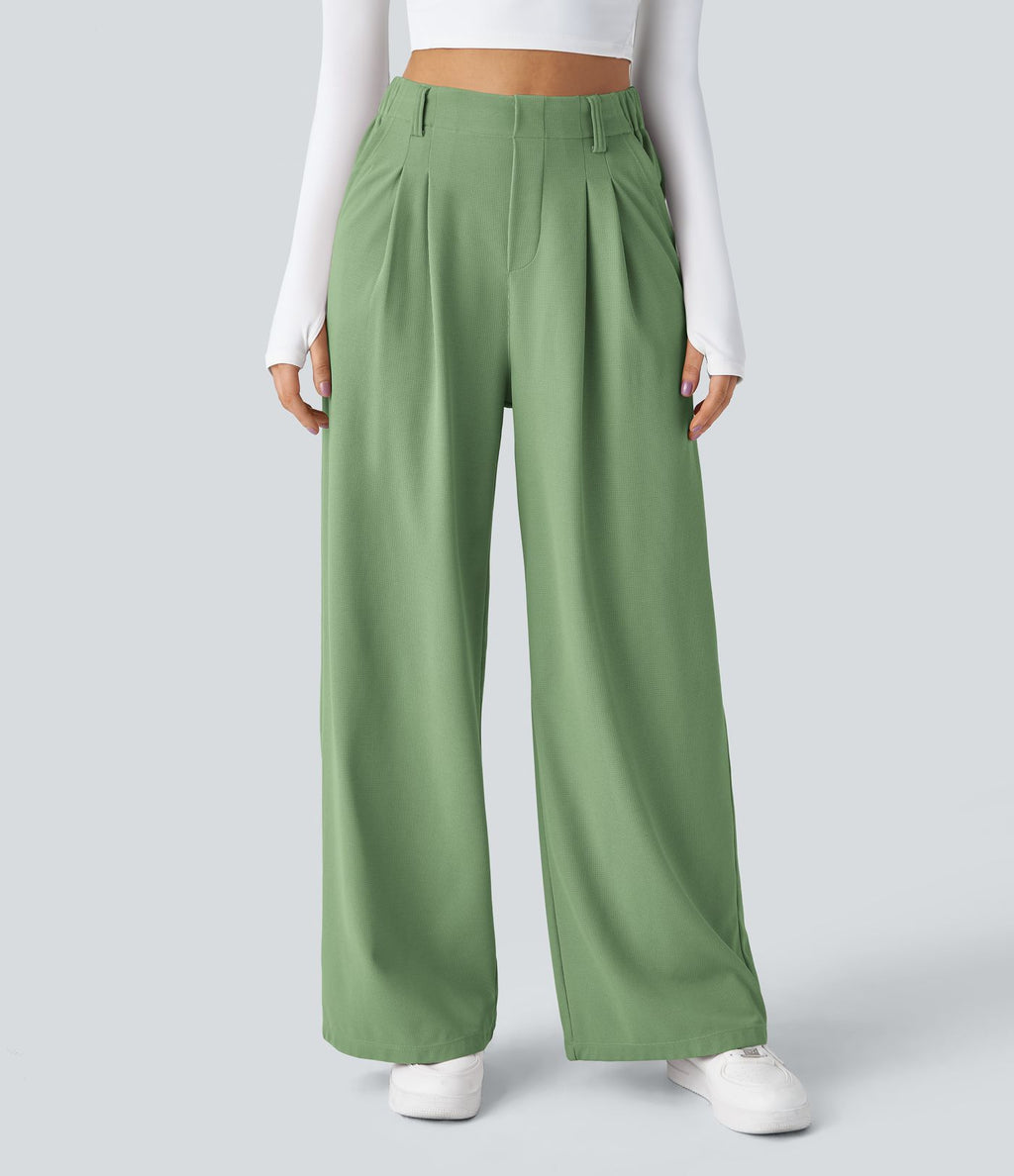 Halara Flex™ Pantalon Tailleur Large Fluide Gaufré Taille Haute Poches Latérales