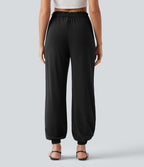 Pantalon jogging en lin stretch taille haute avec poches
