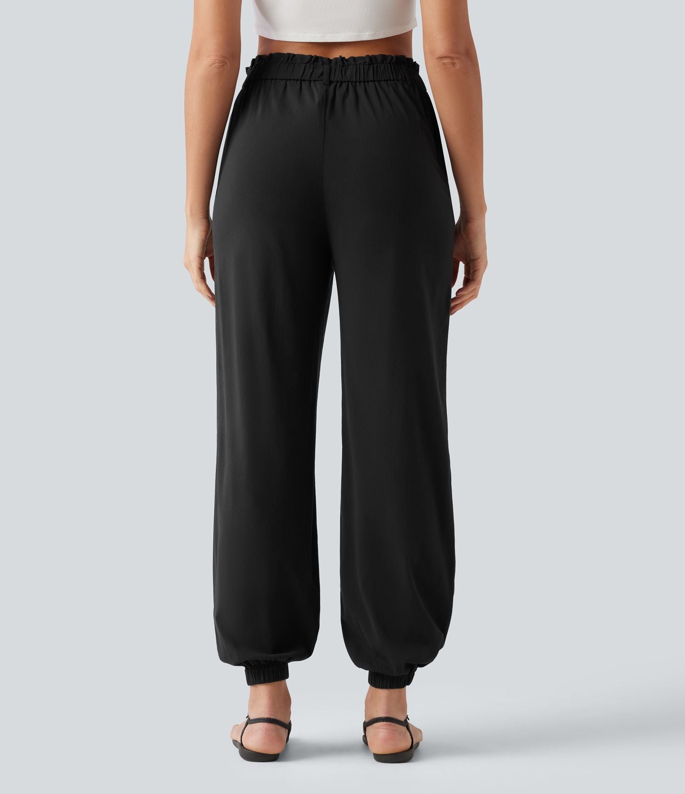Pantalon jogging en lin stretch taille haute avec poches