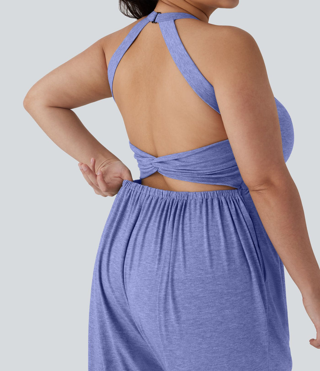 Combinaison sarouel dos nu torsadée grande taille avec poche latérale - Édition facile à enfiler