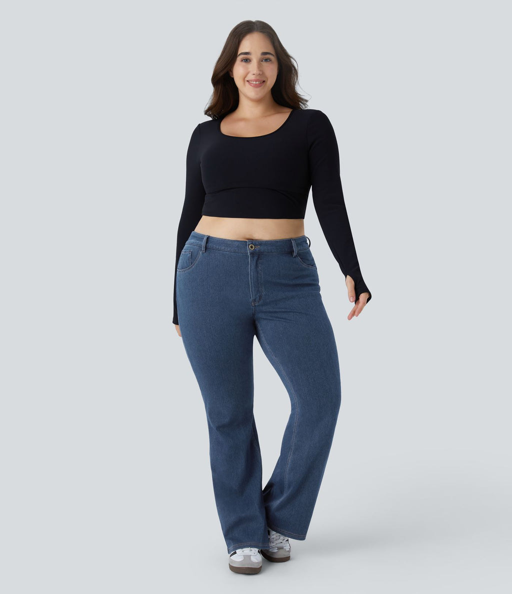 Halara Flex™ Mid Rise Button Pockets Stretchy Knit Casual Slight Flare Plus Size Jeans