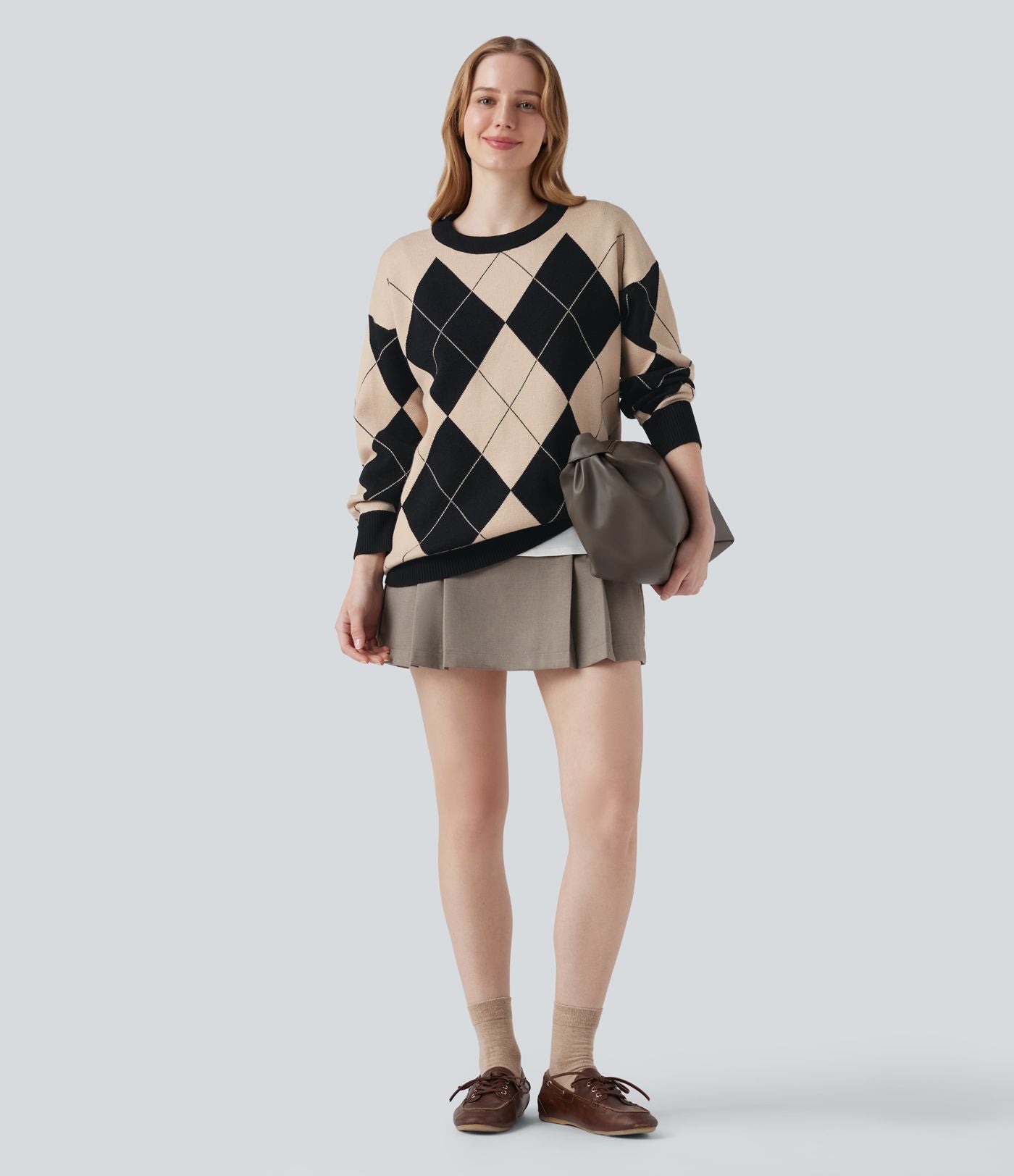 Pull de travail carreaux losange col rond manches longues