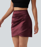 Jupe mini moulante 2-en-1 en satin, taille haute, fronces et ourlet croisé