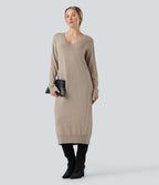 Robe pull laine mélangée col V manches longues mi-longue - réversible devant et dos