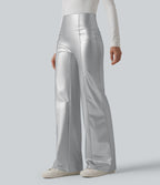 Pantalon similicuir évasé gainant taille haute stretch avec poches
