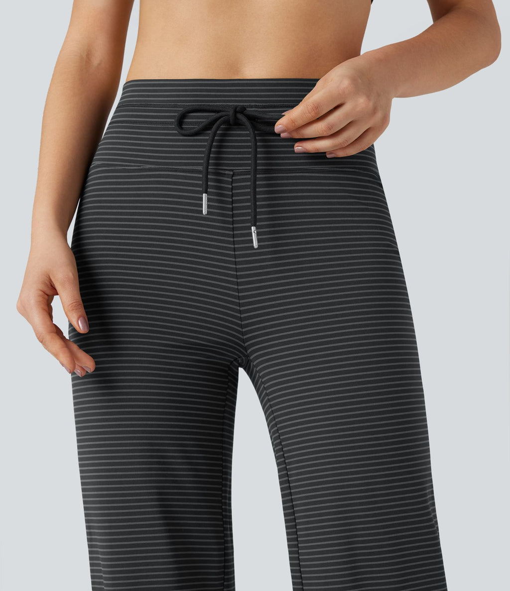 Pantalon de yoga droit taille haute à cordon rayé avec poches