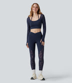 Top yoga court SoftlyZero™ dentelle contrastante dos nu manches longues avec trous pouces