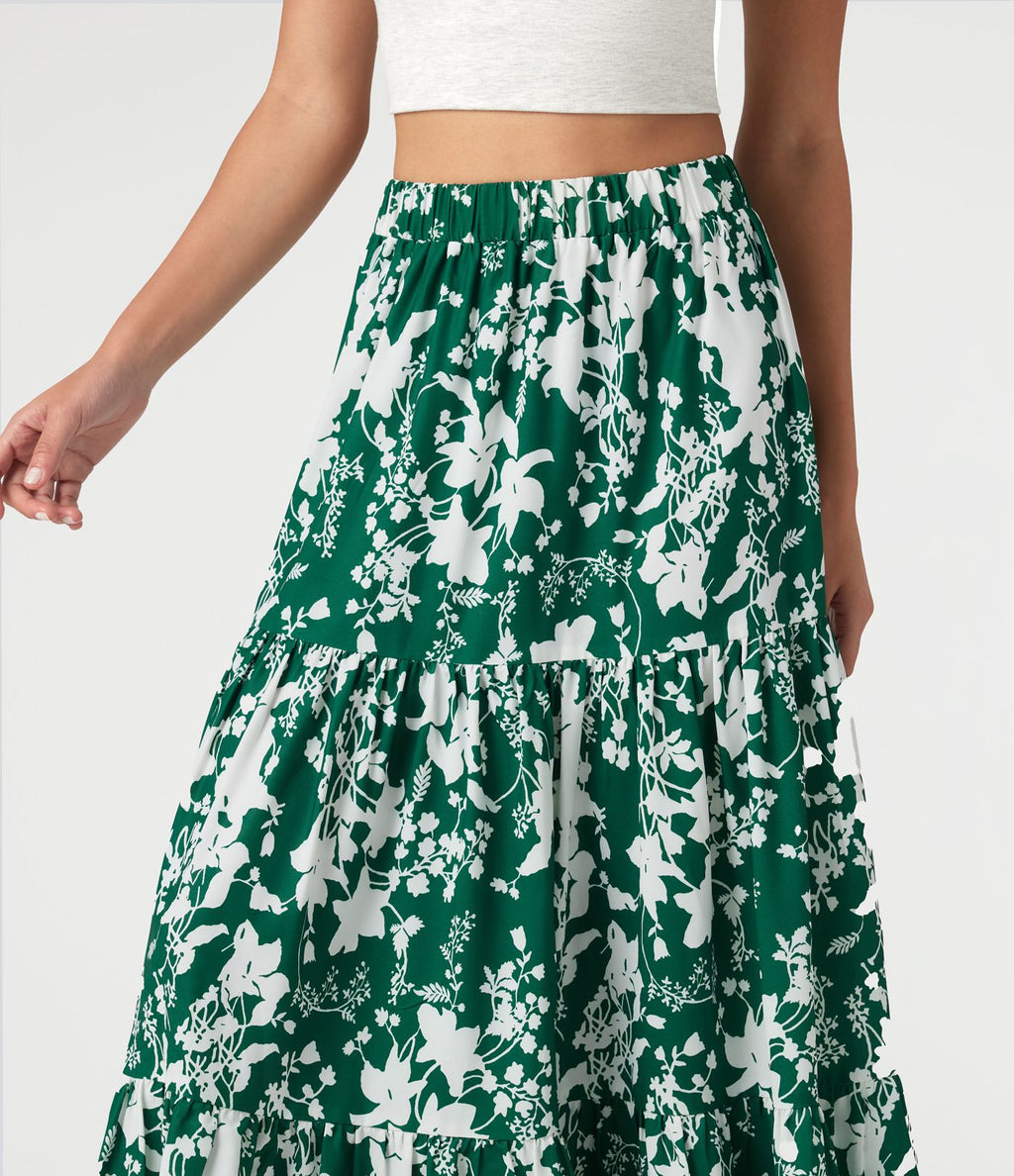 Jupe longue fluide taille haute à volants superposés imprimé floral pour les vacances