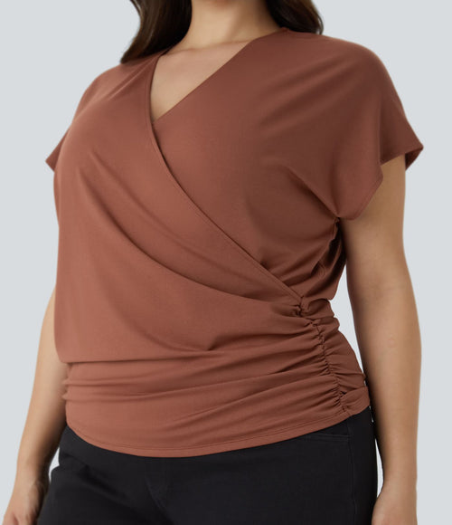 Blouse Travail Unie Froncée Croisée Manches Courtes Col en V Grande Taille
