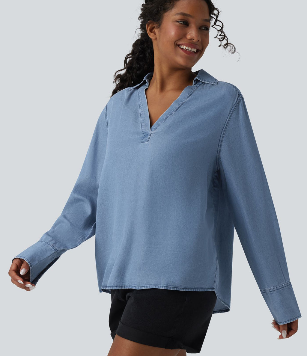 Blouse casual denim en lyocell col V manches longues