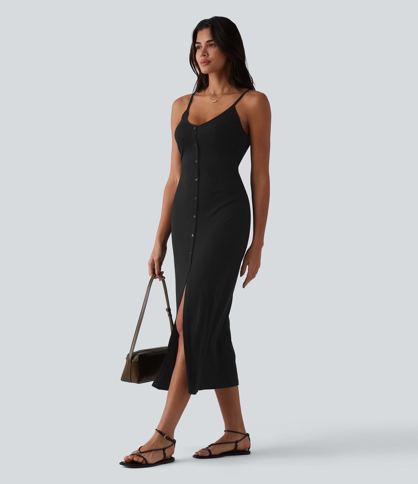 Robe nuisette casual midi moulante côtelée à bretelles réglables avec boutons décoratifs et fente