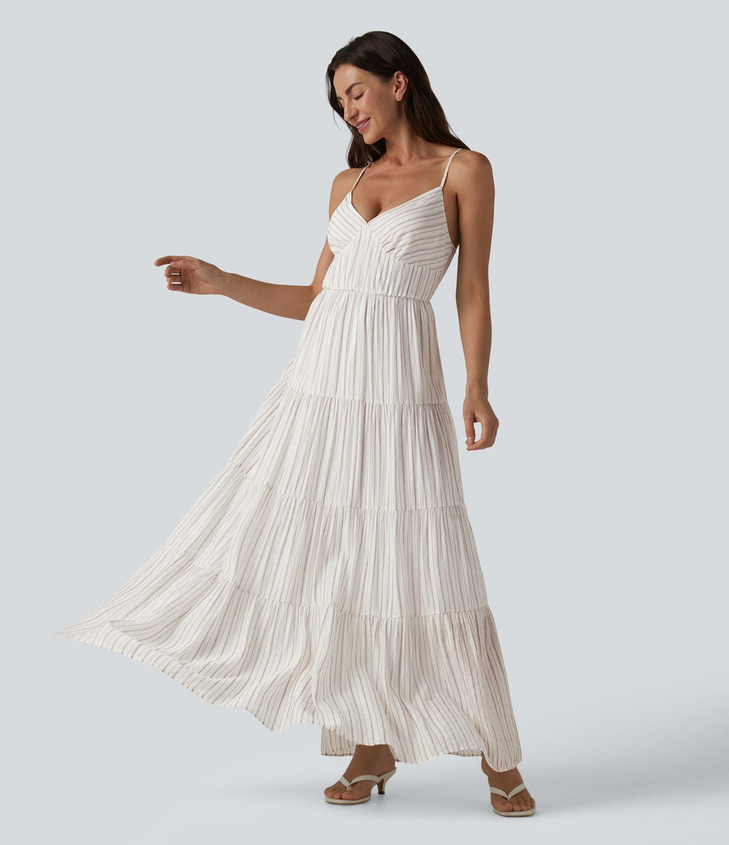 Robe longue fluide à rayures et col en V
