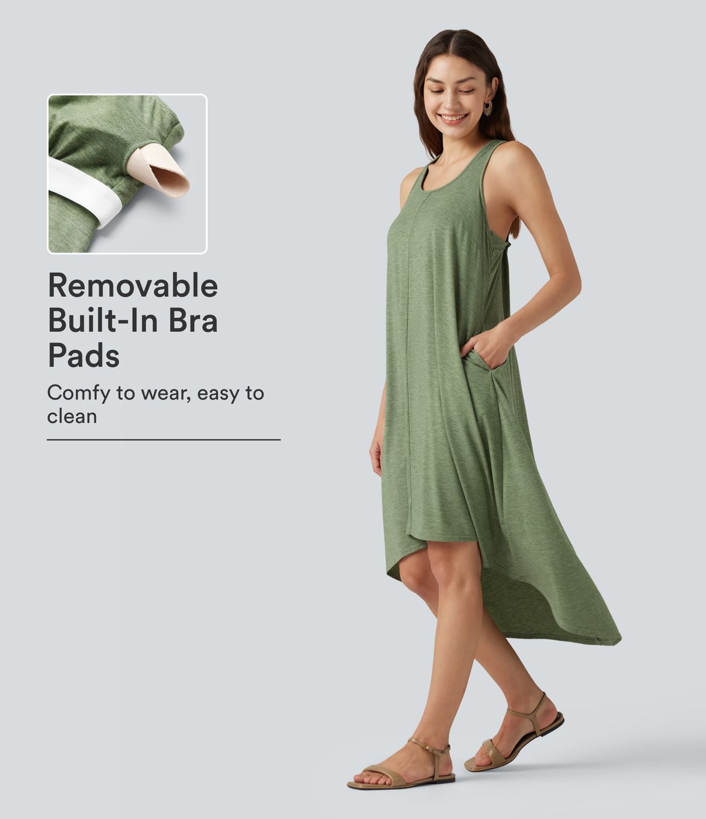 Robe midi fluide à dos nageur, soutien-gorge intégré, ourlet asymétrique et poches