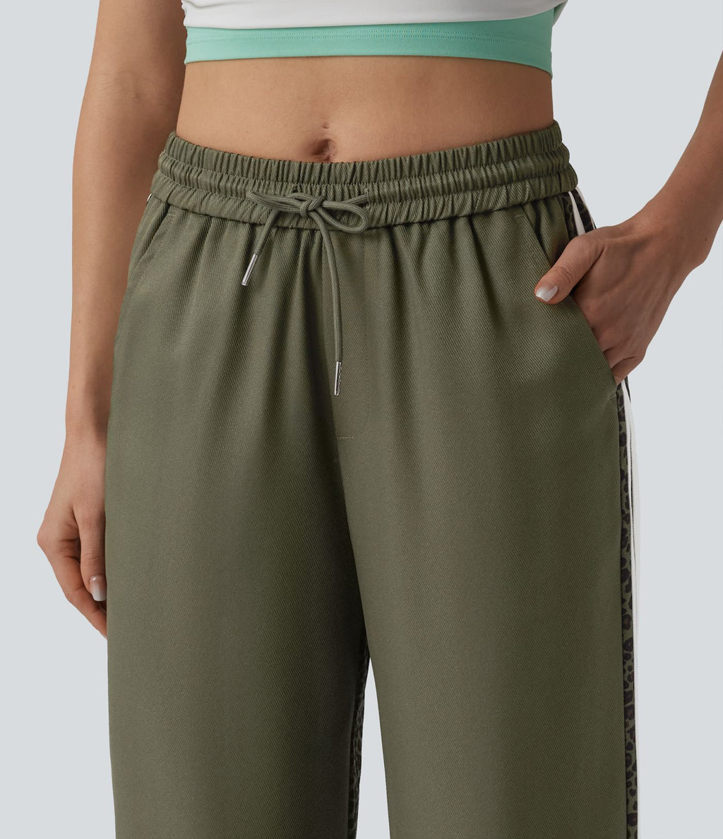 Pantalon ample décontracté taille mi-haute avec cordon de serrage color block rayures léopard contrastant avec poches