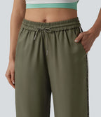 Pantalon ample décontracté taille mi-haute avec cordon de serrage color block rayures léopard contrastant avec poches