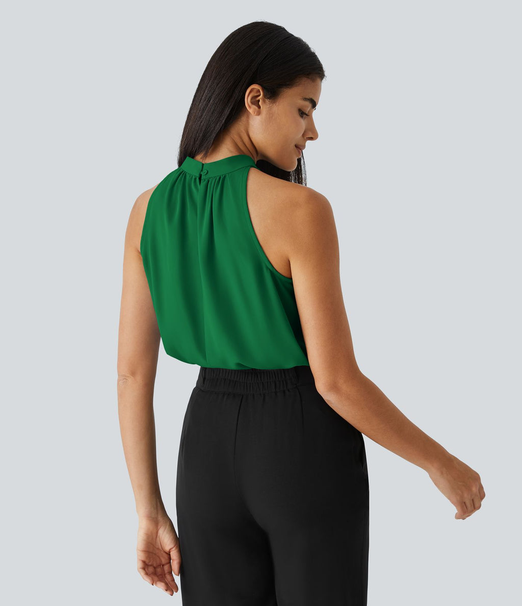Blouse Travail Sans Manches Ourlet Courbé Col Haut Découpe au Dos Plis