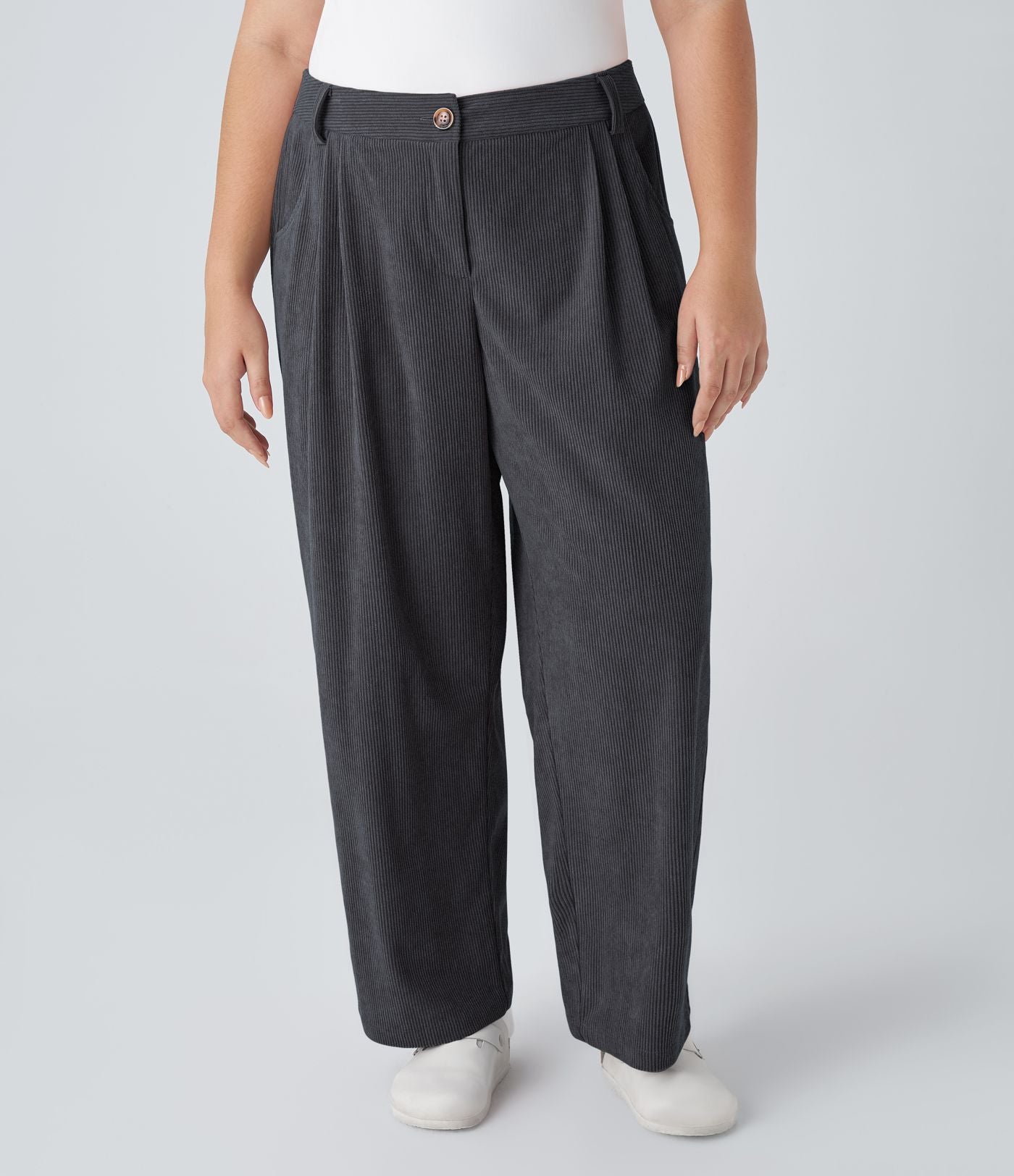 Pantalon Casual Grande Taille Velours Côtelé Taille Mi-haute Boutonnés Fermeture Éclair Poches Latérales