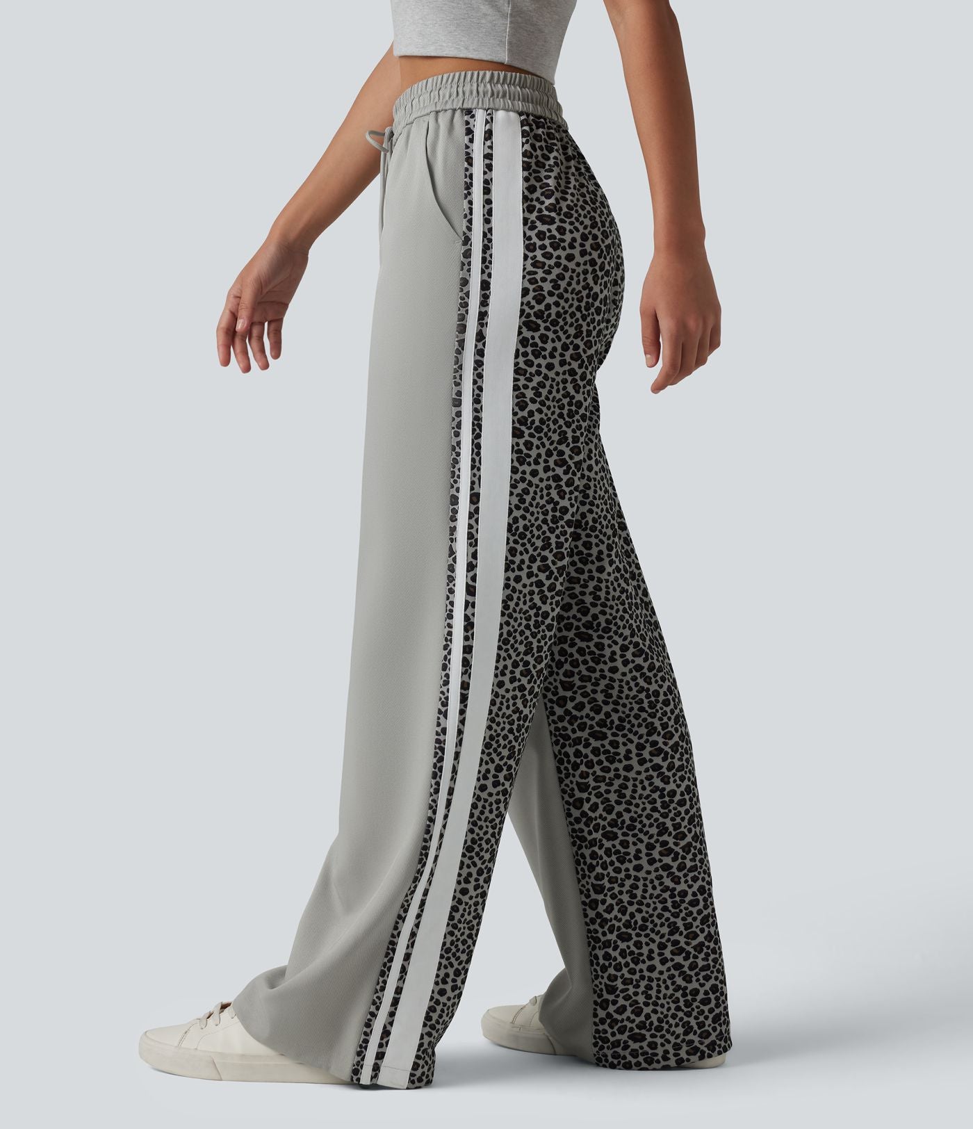 Pantalon ample décontracté taille mi-haute avec cordon de serrage color block rayures léopard contrastant avec poches